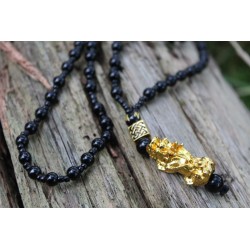 Necklace Feng Shui black Pixiu Pi Yao Mantra pearl 6 mm lucky charm