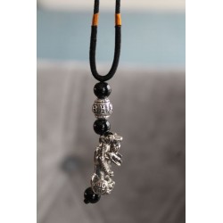 Halskette Feng Shui Pixiu Pi Yao Mantra Perle 6 mm Glücksbringer Silber