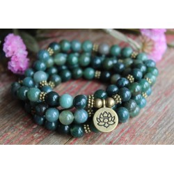 Armband Mala 108 Perlen Moosachat 8mm für Balance, Fokus und innere Stabilität Lotusblume