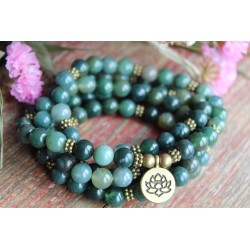 Armband Mala 108 Perlen Moosachat 8mm für Balance, Fokus und innere Stabilität Lotusblume