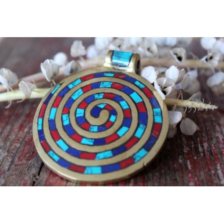 B-Ware: Tibetisches Amulett Anhänger groß Talisman Spirale Türkis Koralle
