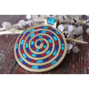 B-Ware: Tibetisches Amulett Anhänger groß Talisman Spirale Türkis Koralle